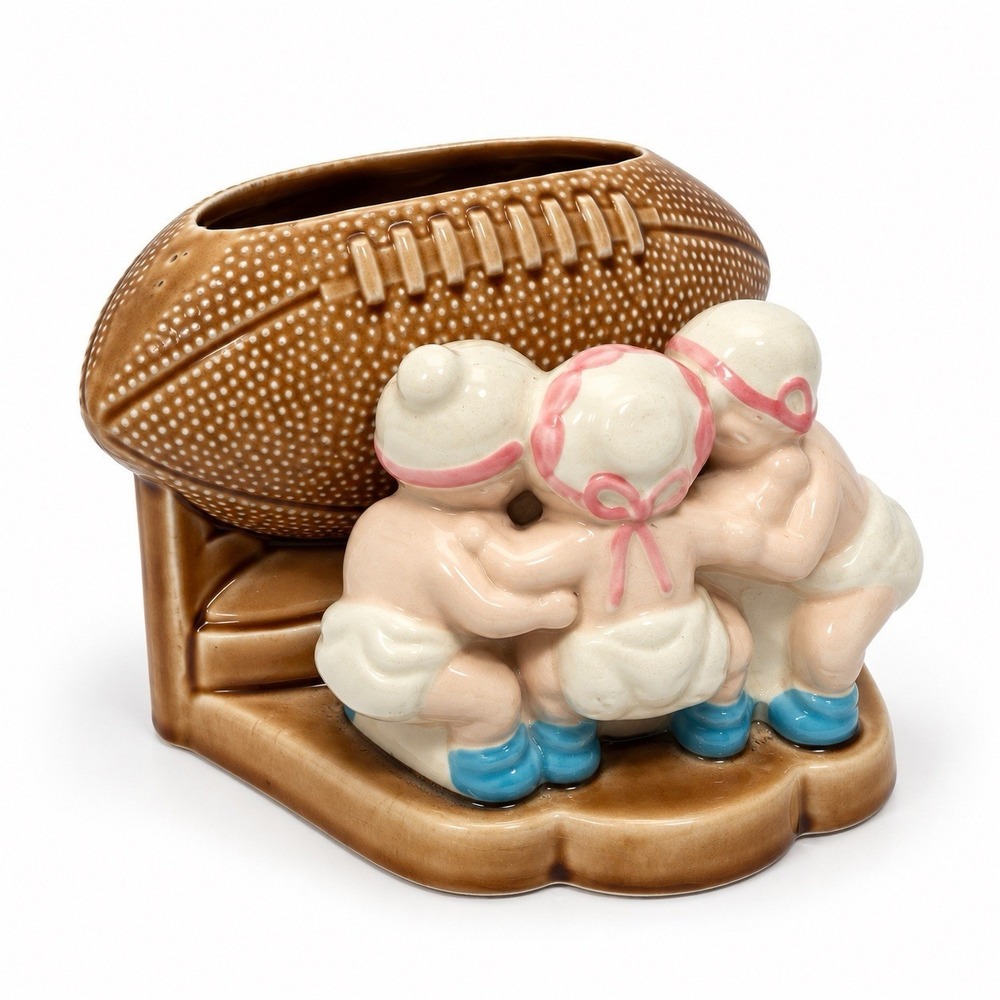 Vintage Ceramic Football Planter 3 Babies Huddling Mid Century Nursery Decor